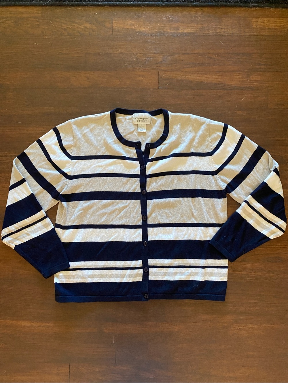 Crewneck Button-Front Striped Sweater - Navy cream and White